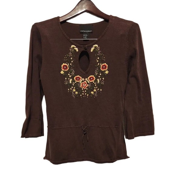 Cynthia Rowley Embroidered‎ Brown 3/4 Sleeves Sweater Size M Front Keyhole - Picture 1 of 5